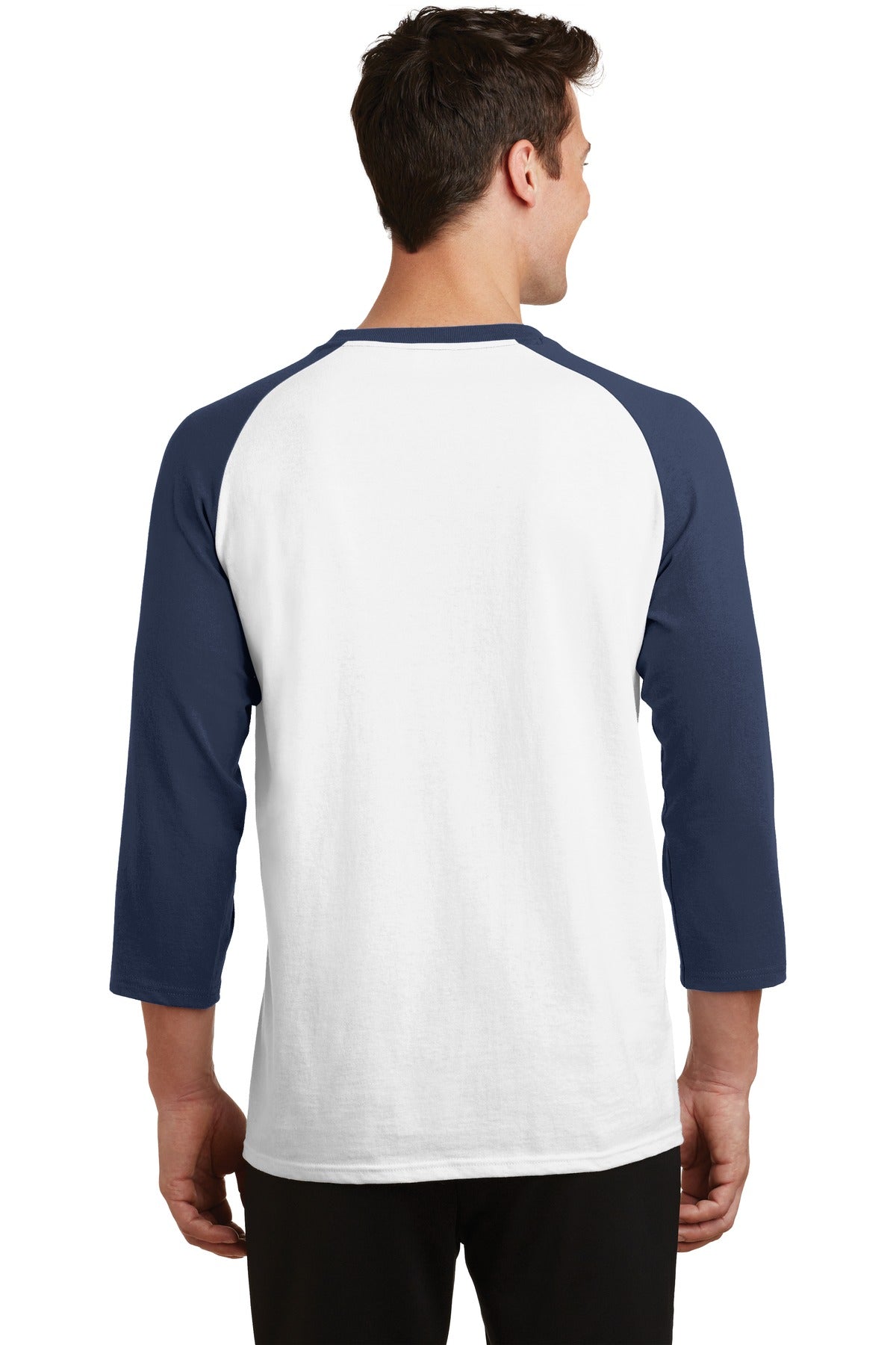 Wht/Navy Port & Company Core Blend 3/4-Sleeve Raglan Tee. PC55RS