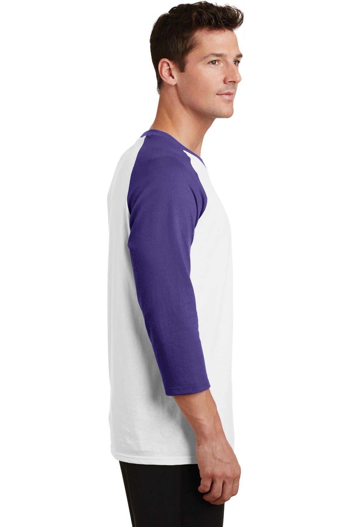 Wht/Purple Port & Company Core Blend 3/4-Sleeve Raglan Tee. PC55RS