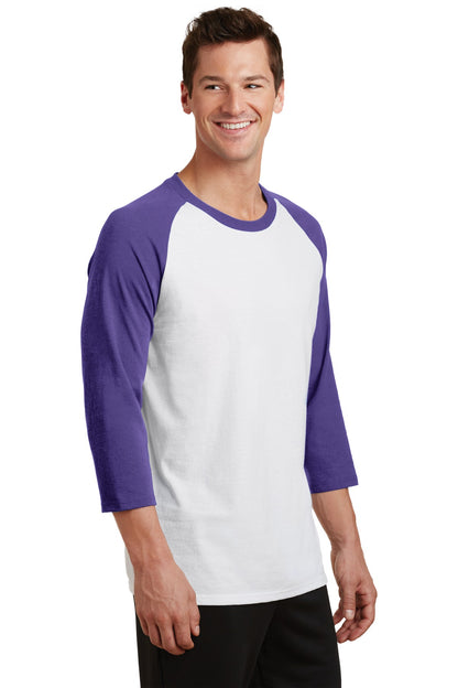 Wht/Purple Port & Company Core Blend 3/4-Sleeve Raglan Tee. PC55RS