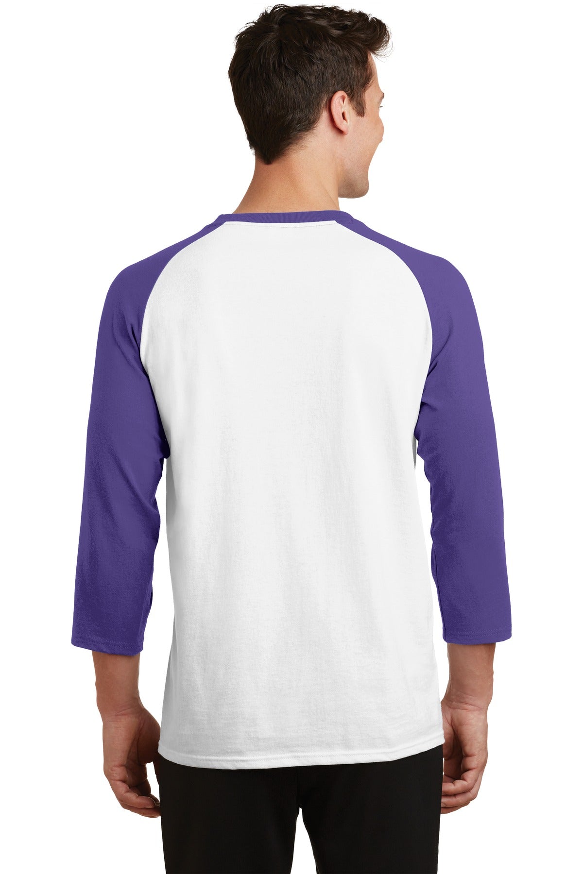Wht/Purple Port & Company Core Blend 3/4-Sleeve Raglan Tee. PC55RS
