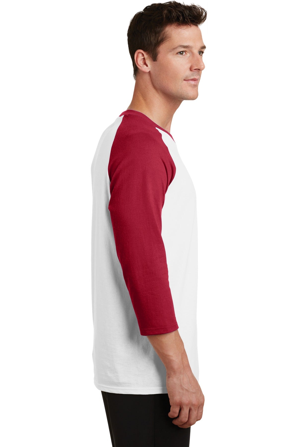 Wht/Red Port & Company Core Blend 3/4-Sleeve Raglan Tee. PC55RS