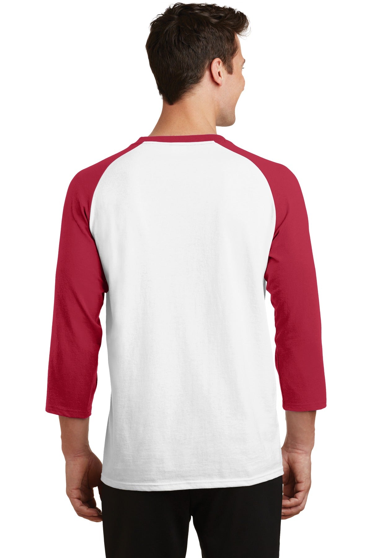Wht/Red Port & Company Core Blend 3/4-Sleeve Raglan Tee. PC55RS